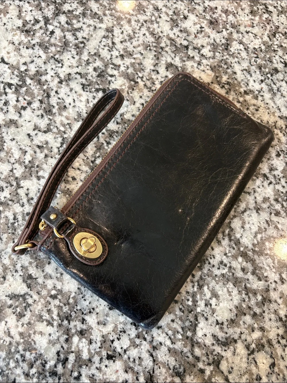 Black Leather Wristlet Travel Wallet